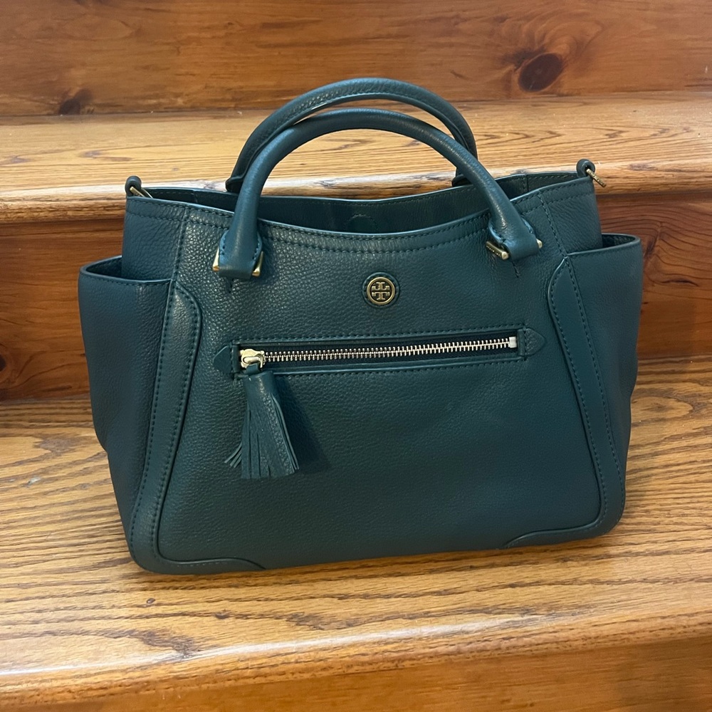 Tory Burch Teal Pebbled Leather Satchel with Tassel Zip